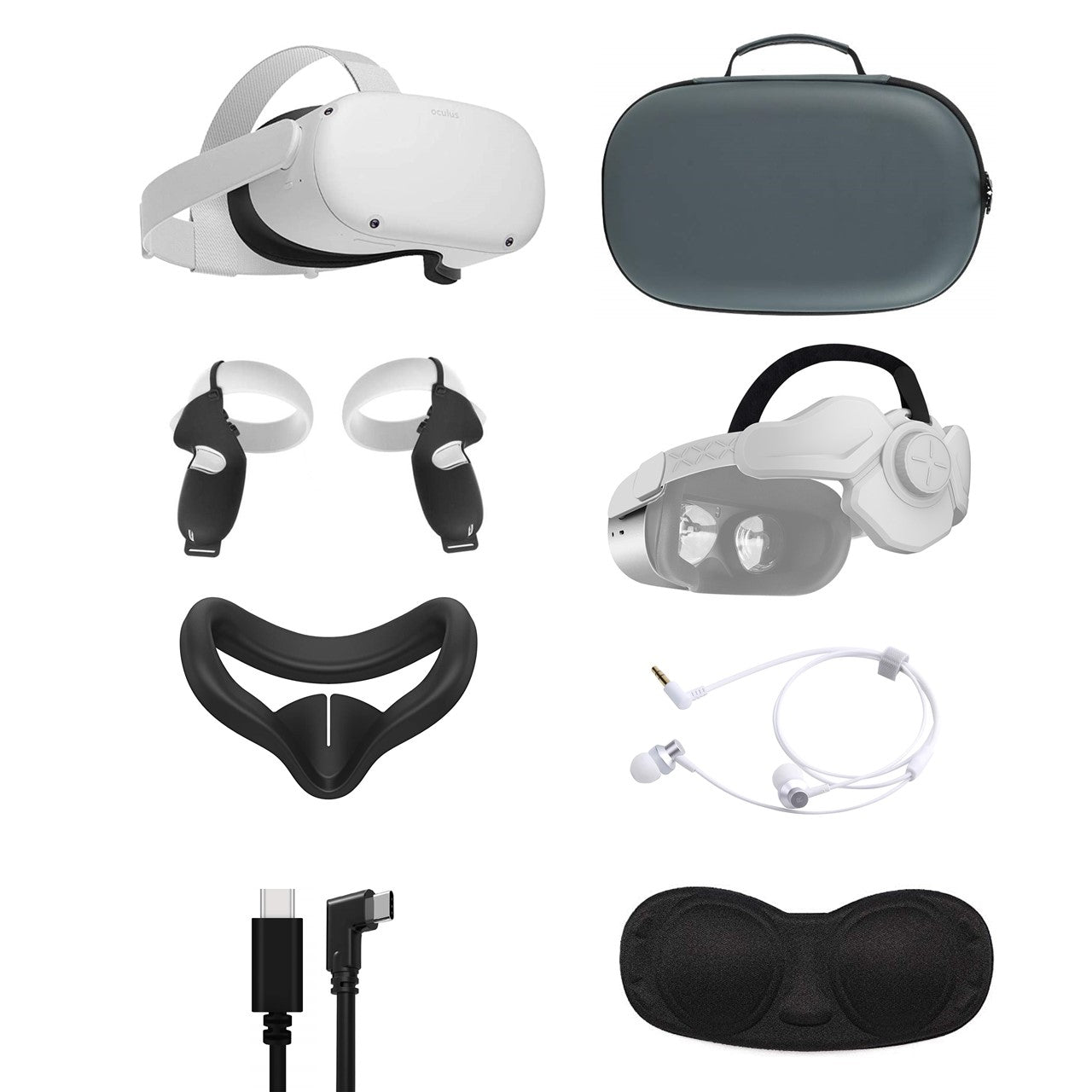2021 Oculus Quest 2 All-In-One VR Headset 128GB, Touch Controllers, 3D Audio, Mytrix Head Strap, Carrying Case, Earphone, Link Cable (3M), Grip Cover, Lens Cover, Silicone Face Cover 2021 Oculus Quest 2 All-In-One VR Headset 128GB, Touch Controllers, 3D Audio, Mytrix Head Strap, Carrying Case, Earphone, Link Cable (3M), Grip Cover, Lens Cover, Silicone Face Cover